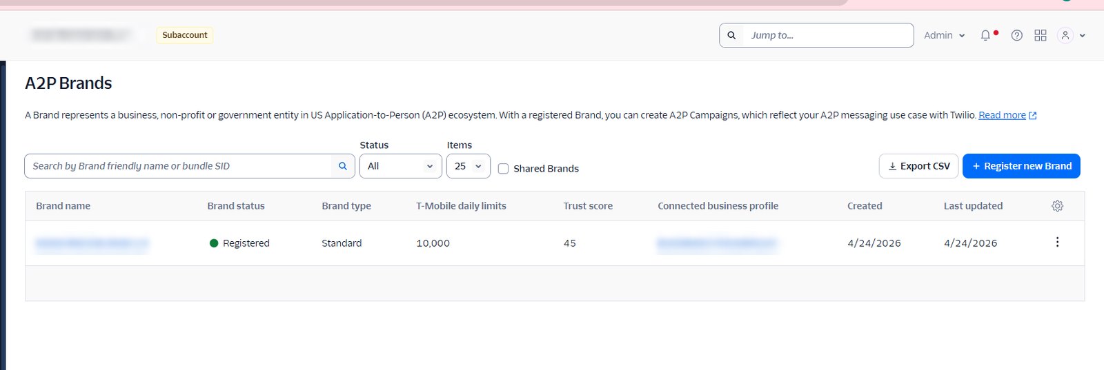 Twilio: Standard brand registered in a client subaccount