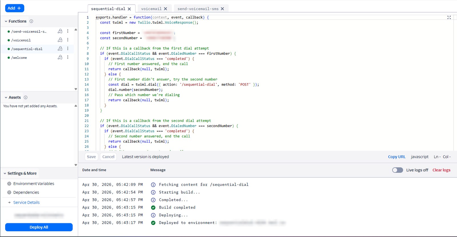 The same logic as a deployed Twilio Function