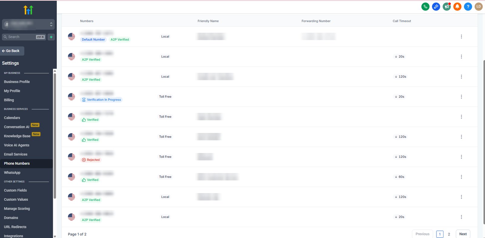 GoHighLevel: Local numbers A2P verified and toll-free numbers verified
