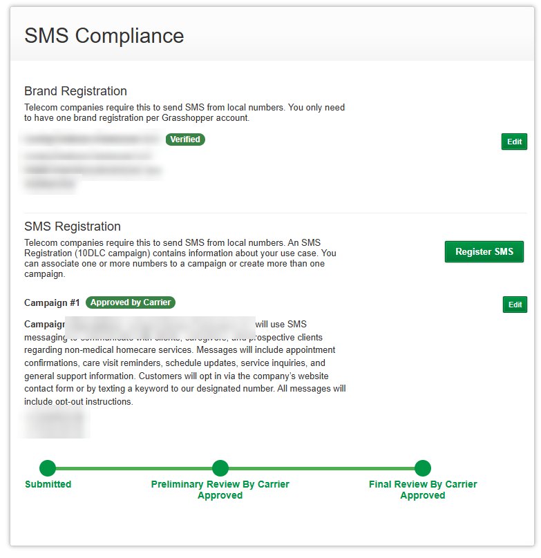 RingCentral, Grasshopper, Dialpad & TCR: Grasshopper: home care agency brand verified and campaign approved by carrier