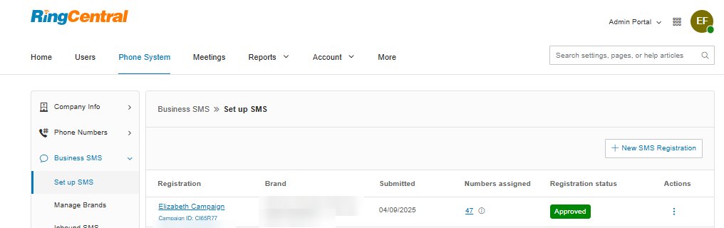 RingCentral, Grasshopper, Dialpad & TCR: RingCentral: SMS campaign approved with 47 numbers assigned