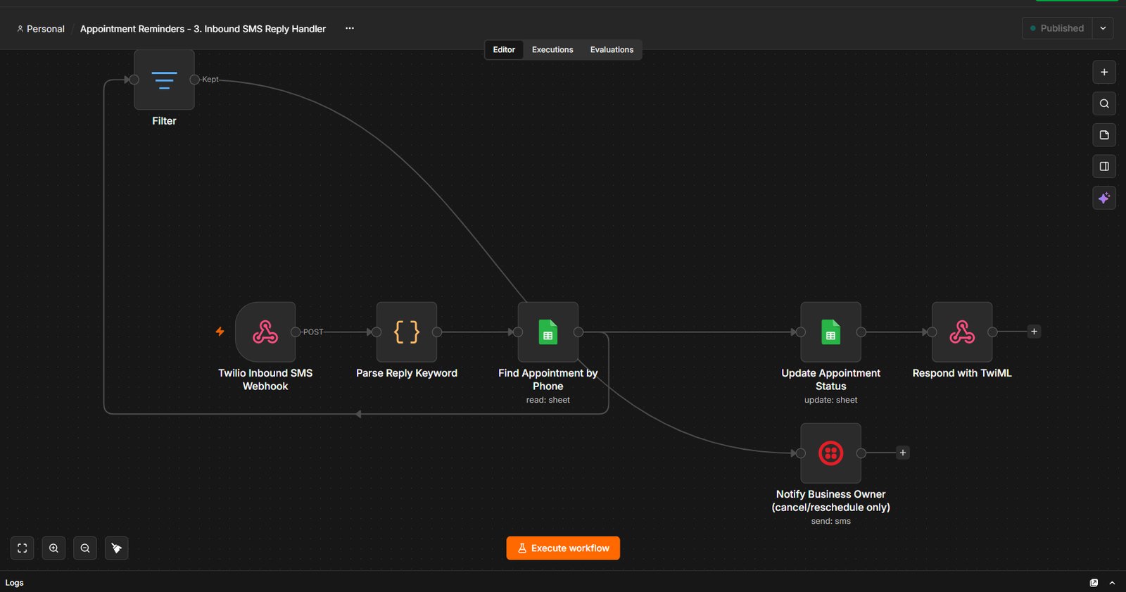 Workflow 3 · Reply handler: reads the reply, updates the booking, alerts the owner