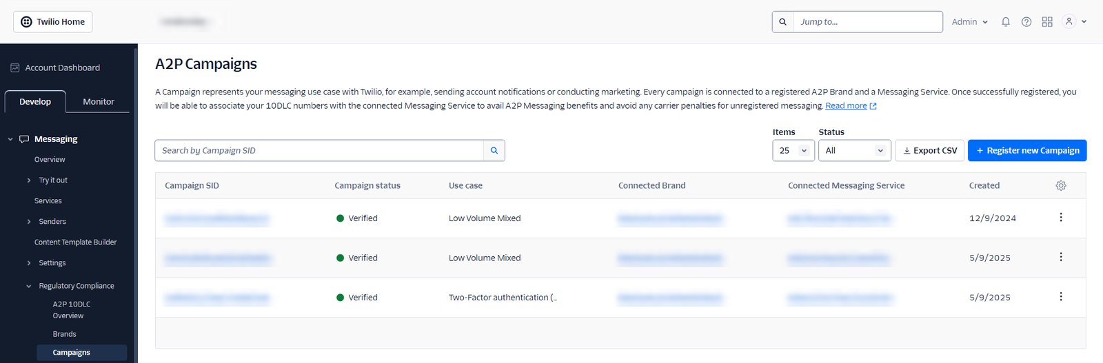 Twilio: Three campaigns verified on one brand, including two-factor authentication